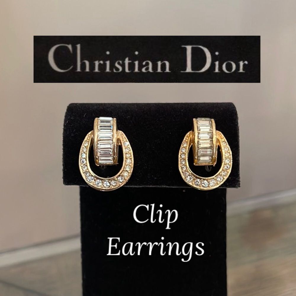 Vintage CHRISTIAN DIOR Door Knocker Clip On Earrings Gold Rhinestone Signed 70’s